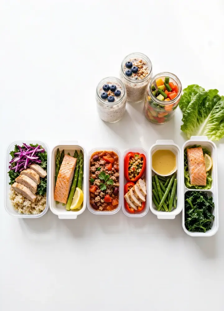 Seven days of meal prep containers lined up on a counter