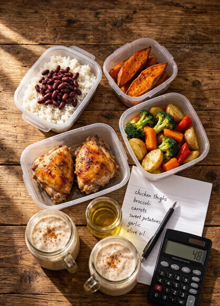 Budget meal prep groceries and prepped containers