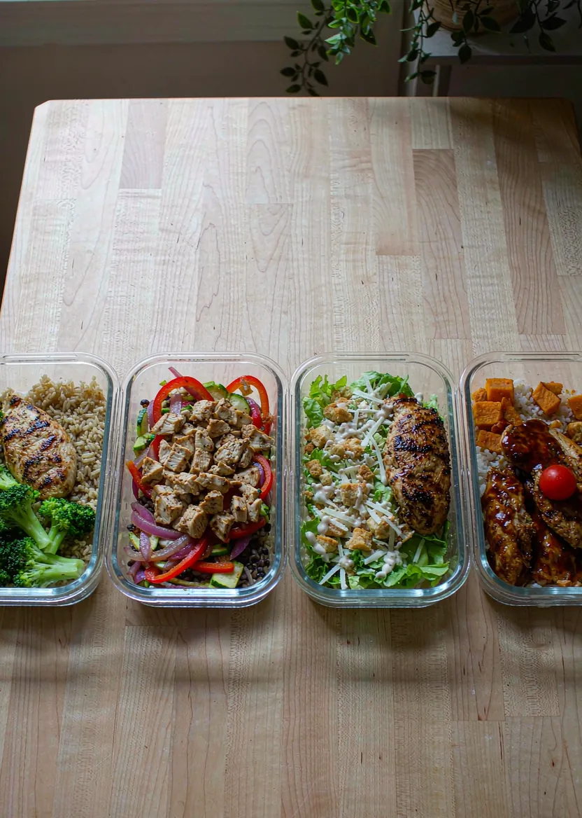 Four glass containers with different chicken meal prep lunches