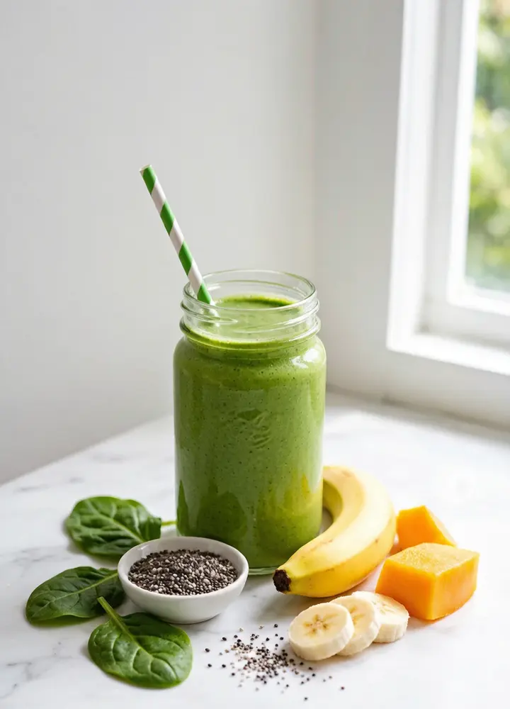 Green smoothie in a glass next to a freezer pack