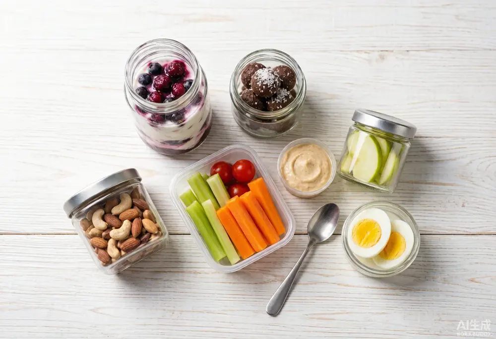 Healthy snack prep boxes with fruit, nuts, and veggies