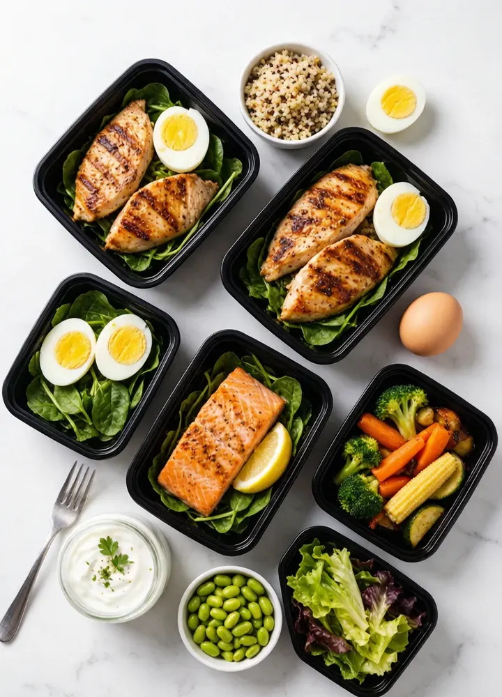 High-protein meal prep spread with chicken, salmon, and eggs
