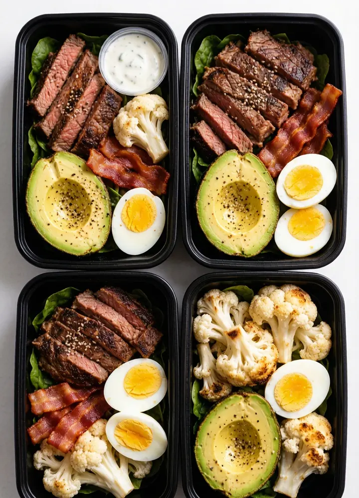 Keto meal prep with avocado, eggs, and salmon