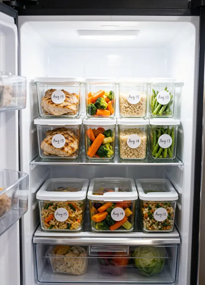 Organized fridge with meal prep containers labeled by day