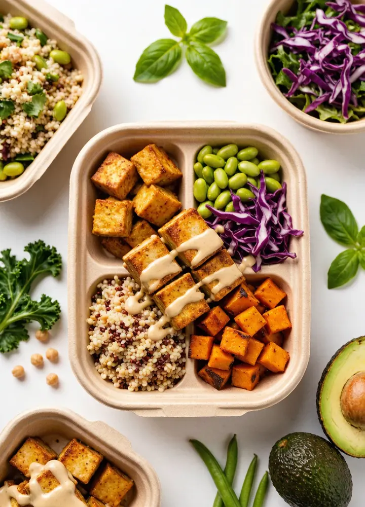 Vegan meal prep bowls with chickpeas, tofu, and vegetables