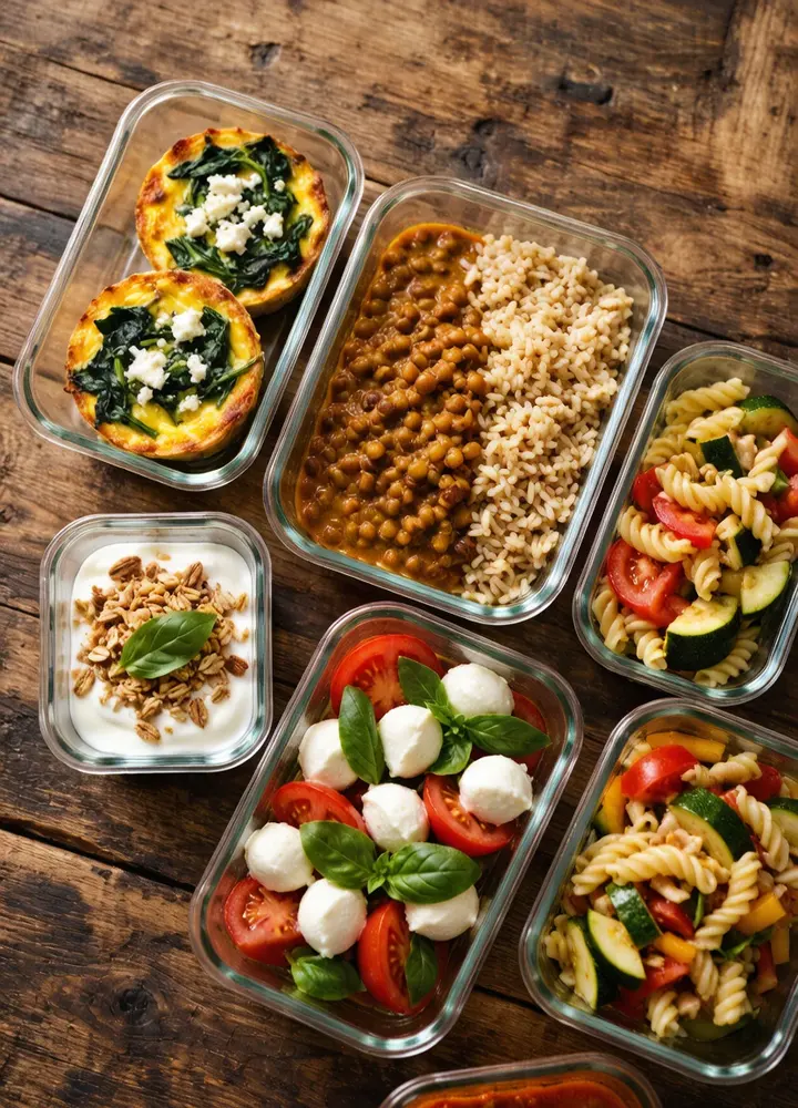 Vegetarian meal prep bowls with eggs, beans, and cheese